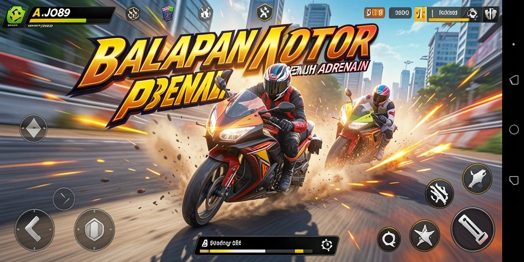 Screenshot AJO89 menampilkan aksi balap motor yang mendebarkan.