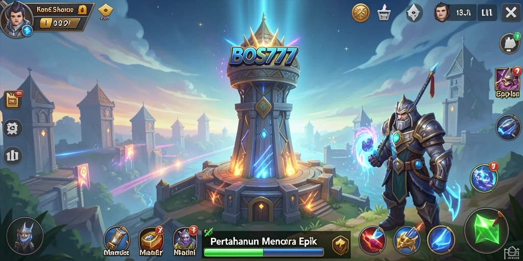 Tampilan gameplay menakjubkan dalam BOS777 yang menonjolkan strategi Tower Defense.