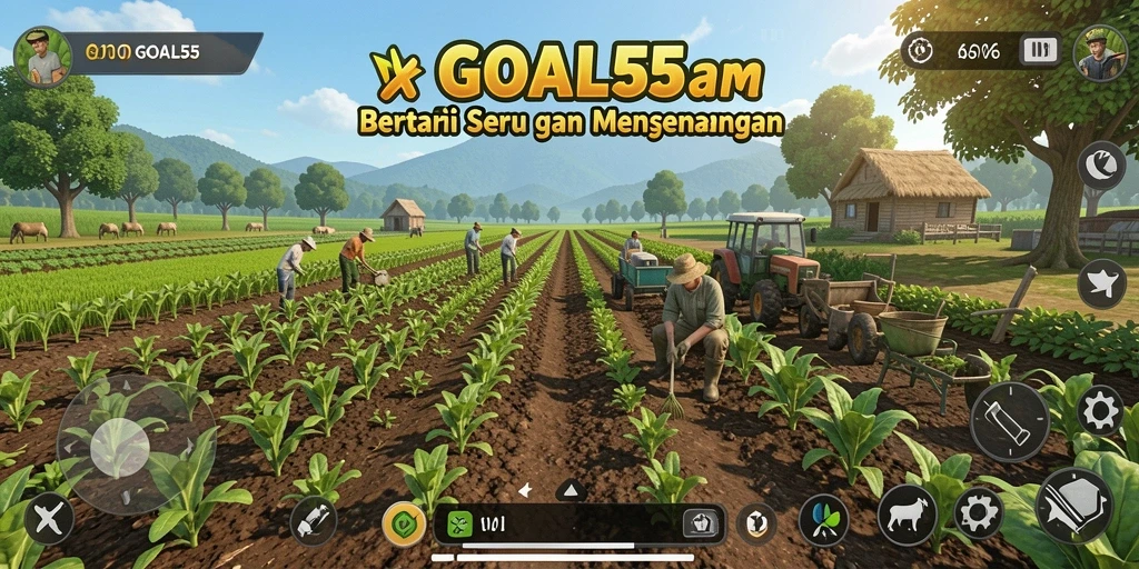 Tampilan gameplay seru dari GOAL55 yang menggambarkan aktivitas bertani.