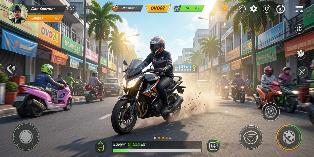 Menampilkan gameplay OVO88 dengan balapan motor yang intens dan seru.