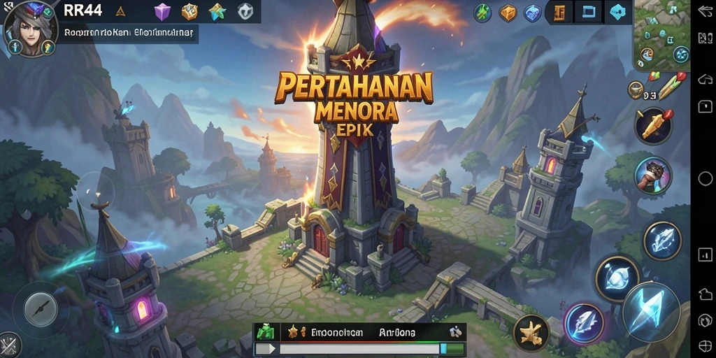Gameplay seru di RR44 dengan menara dan musuh yang menarik.