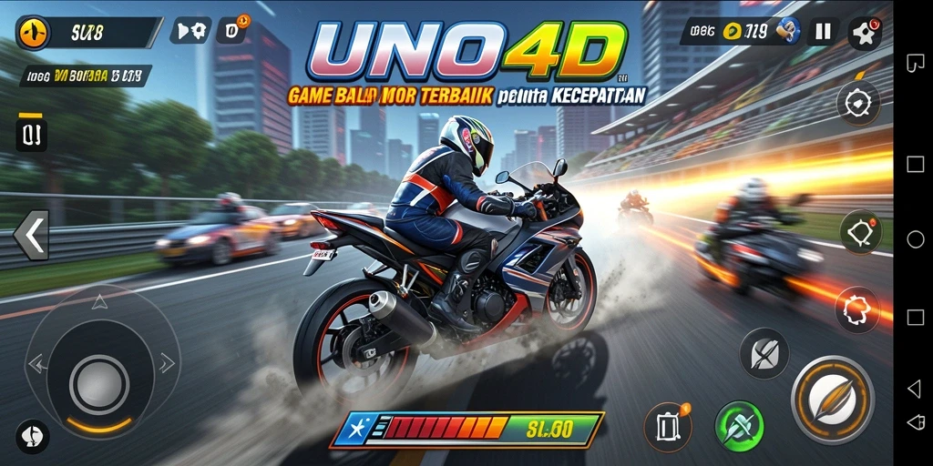 Screenshot gameplay menampilkan balapan motor yang mendebarkan.