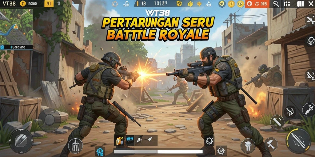 Screenshot VT38 menunjukkan aksi pertarungan dalam gameplay Battle Royale.